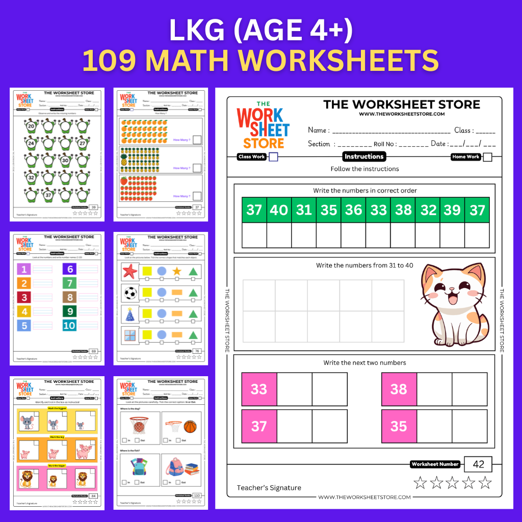 Math Worksheets for LKG (Age 4+) | 109 Pages