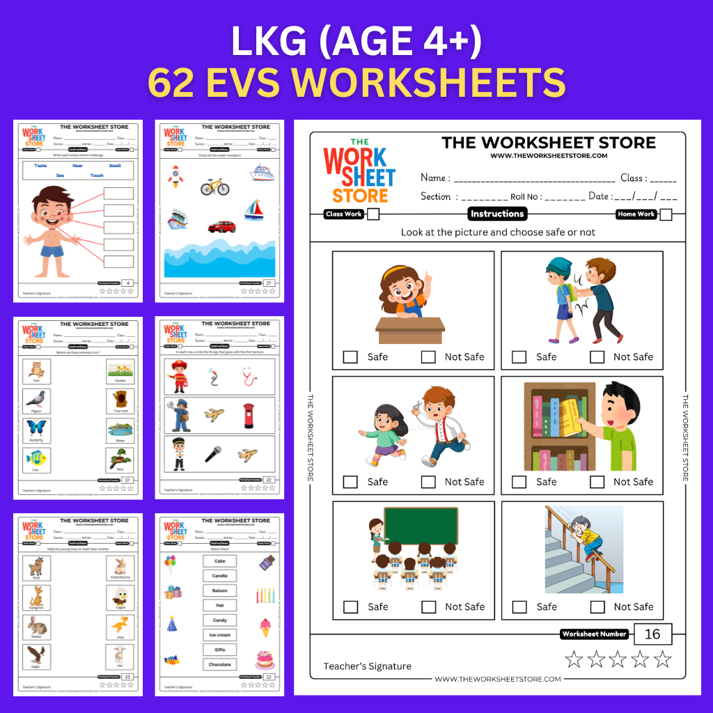 EVS Worksheets for LKG (Age 4+) | 62 Pages