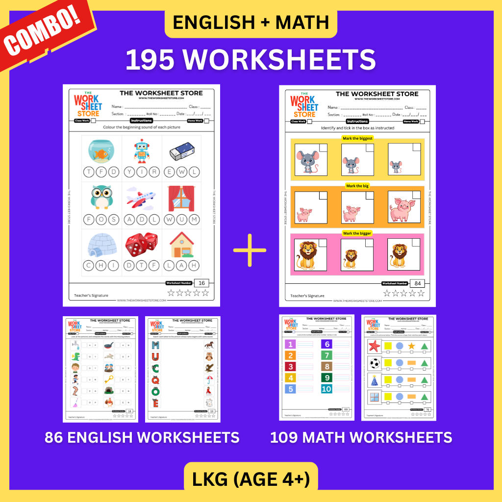 Math & English Worksheets Set for LKG (Age 4+) | 195 Pages