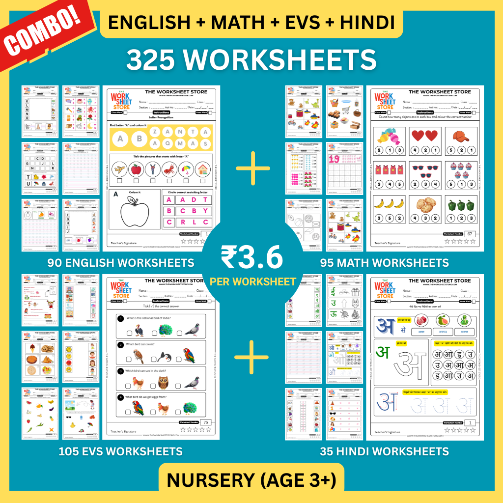 All Subjects Worksheets Pack for Nursery (Math, English, EVS & Hindi) (Age 3+) | 325 Pages