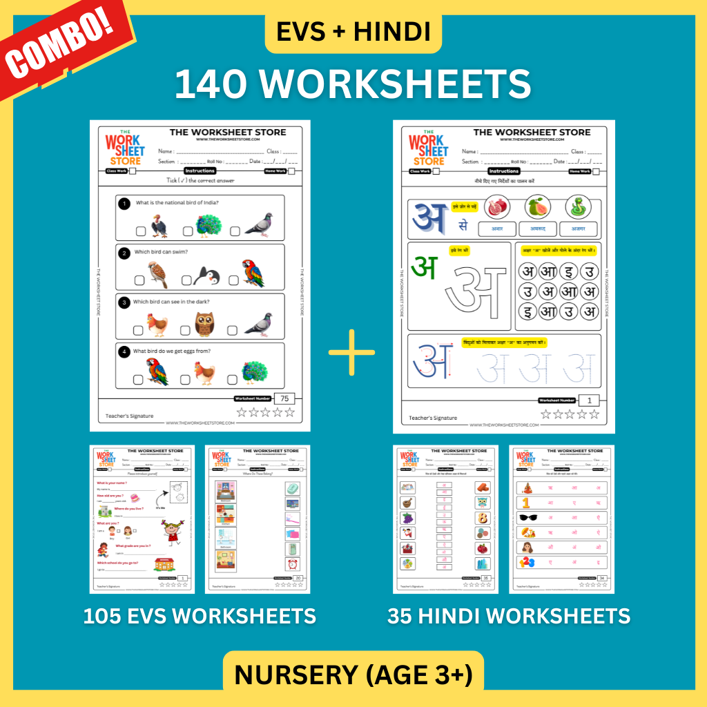 EVS & Hindi Worksheets Set for Nursery (Age 3+) | 140 Pages