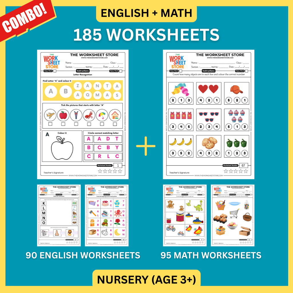 Math & English Worksheets Set for Nursery (Age 3+) | 185 Pages