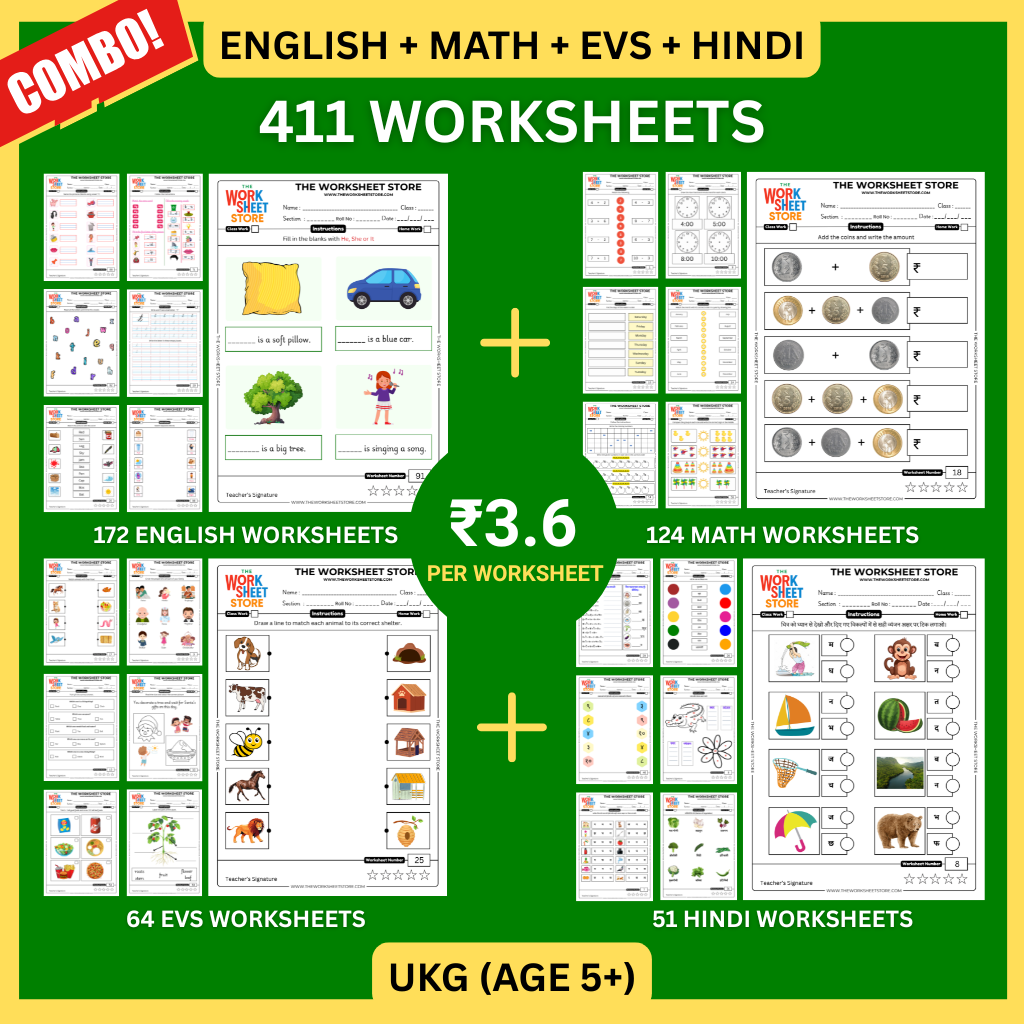 All Subjects Worksheets Pack for UKG (Math, English, EVS & Hindi) (Age 5+) | 411 Pages