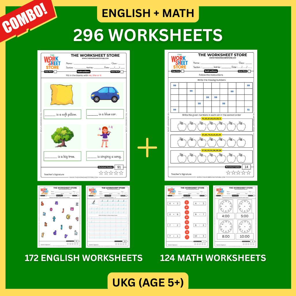 Math & English Worksheets Set for UKG (Age 5+) | 296 Pages