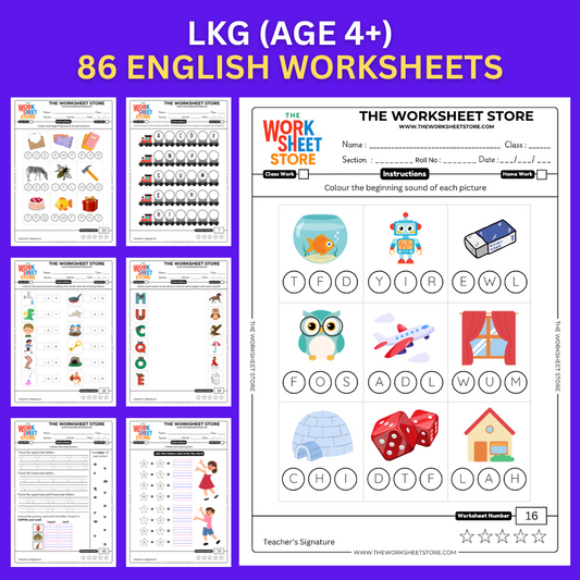 English Worksheets for LKG (Age 4+) | 86 Pages