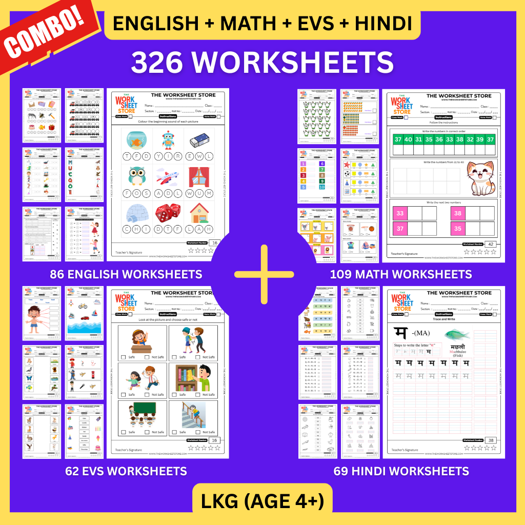 All Subjects Worksheets Pack for LKG (Math, English, EVS & Hindi) (Age 4+) | 326 Pages