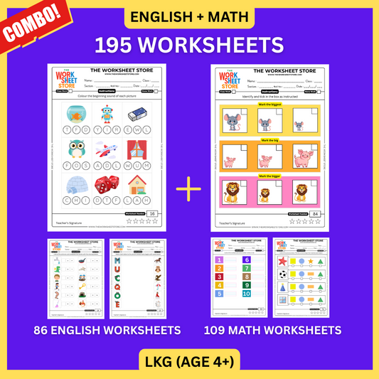 Math & English Worksheets Set for LKG (Age 4+) | 195 Pages