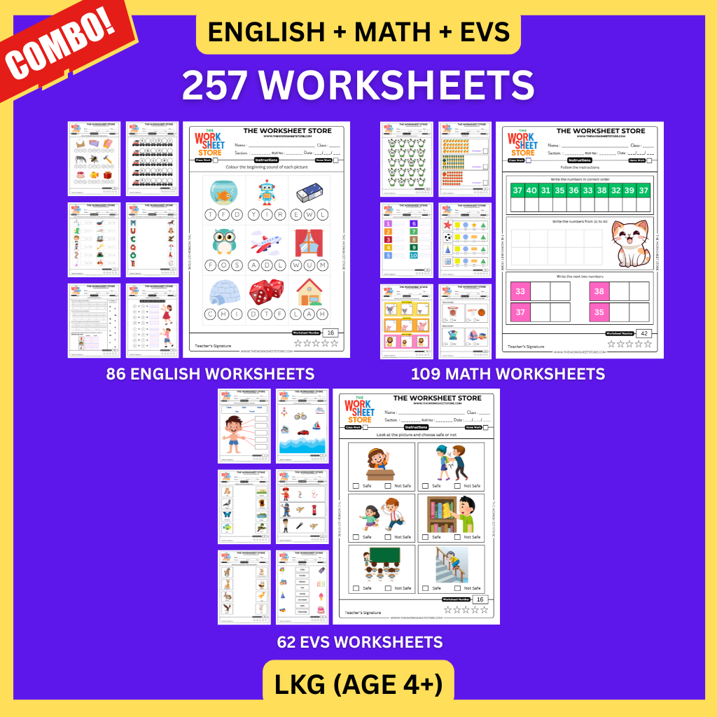 Math, English & EVS Worksheets Set for LKG (Age 4+) | 257 Pages