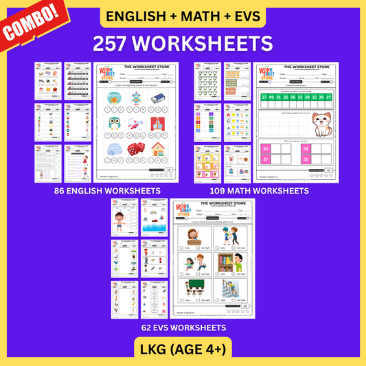 Math, English & EVS Worksheets Set for LKG (Age 4+) | 257 Pages