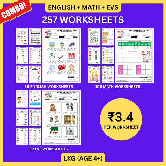 Math, English & EVS Worksheets Set for LKG (Age 4+) | 257 Pages