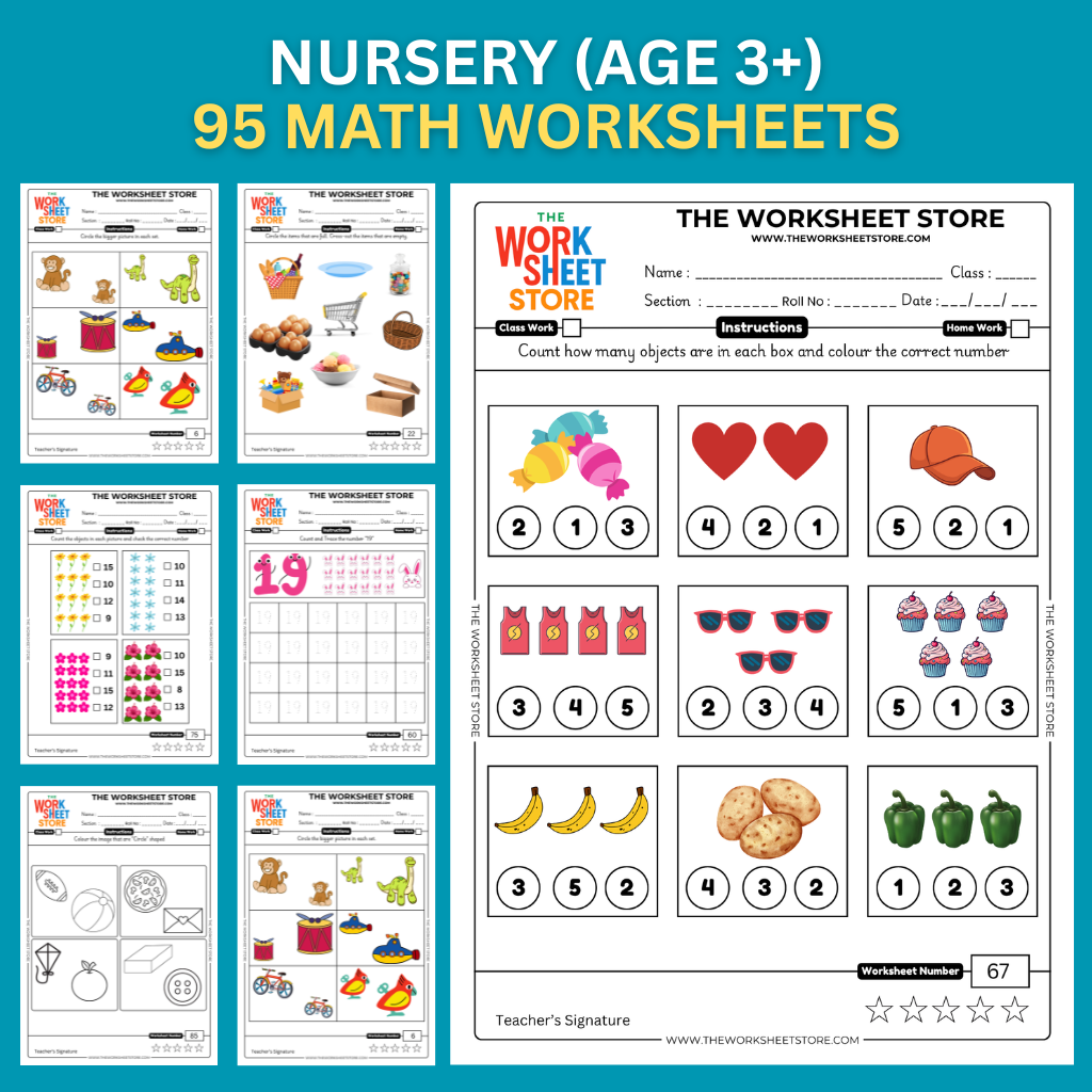 Math Worksheets for Nursery (Age 3+) | 95 Pages – The Worksheet Store