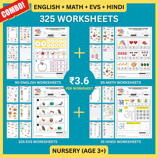 All Subjects Worksheets Pack for Nursery (Math, English, EVS & Hindi) (Age 3+) | 325 Pages