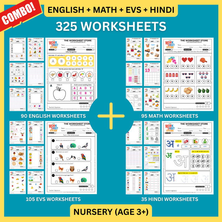 All Subjects Worksheets Pack for Nursery (Math, English, EVS & Hindi ...