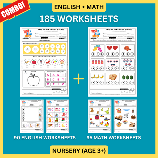 Math & English Worksheets Set for Nursery (Age 3+) | 185 Pages