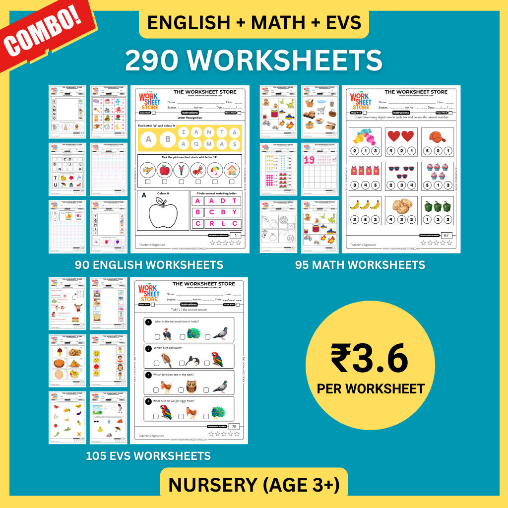 Math, English & EVS Worksheets Set for Nursery (Age 3+) | 290 Pages