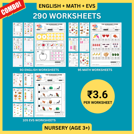 Math, English & EVS Worksheets Set for Nursery (Age 3+) | 290 Pages