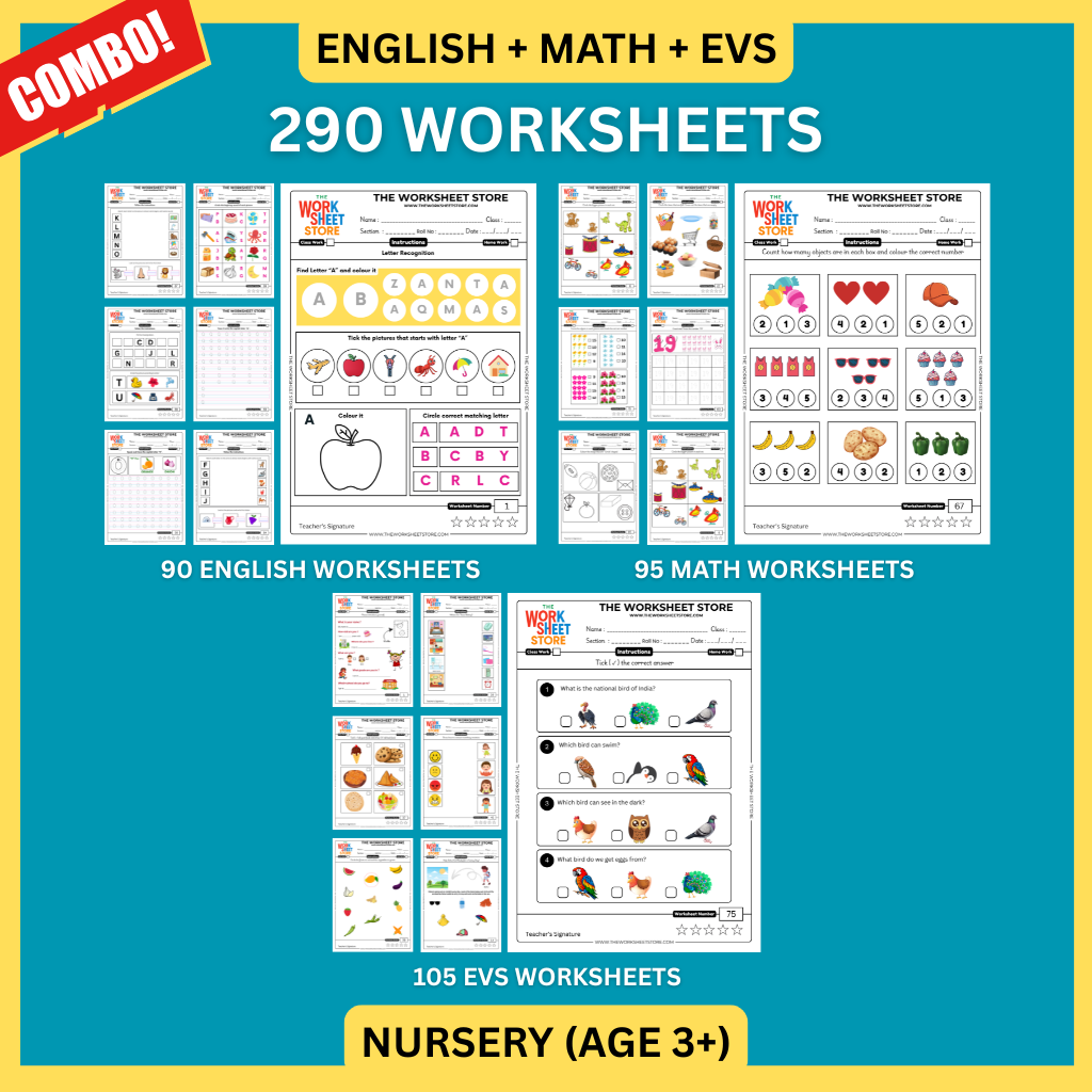 Math, English & EVS Worksheets Set for Nursery (Age 3+) | 290 Pages