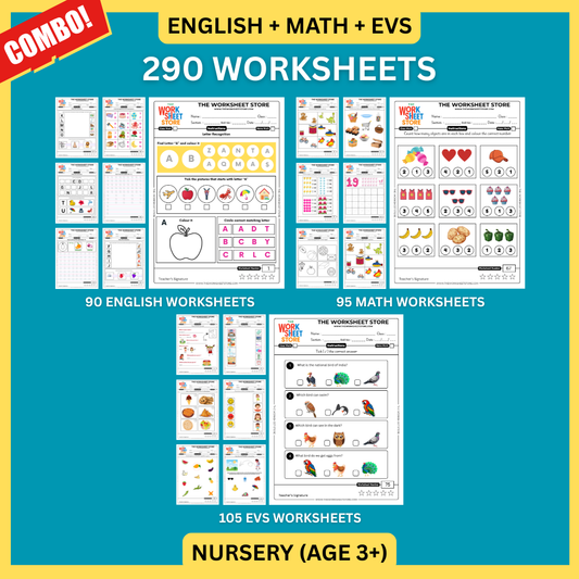 Math, English & EVS Worksheets Set for Nursery (Age 3+) | 290 Pages