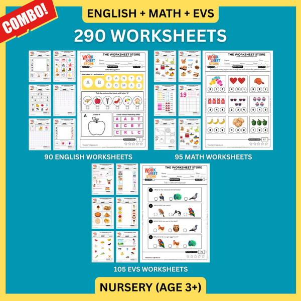 Math, English & EVS Worksheets Set for Nursery (Age 3+) | 290 Pages ...