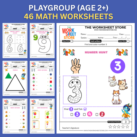 Math Worksheets for Playgroup (Age 2+) | 46 Pages