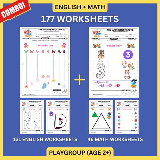 Math & English Worksheets Set for Playgroup (Age 2+) | 177 Pages
