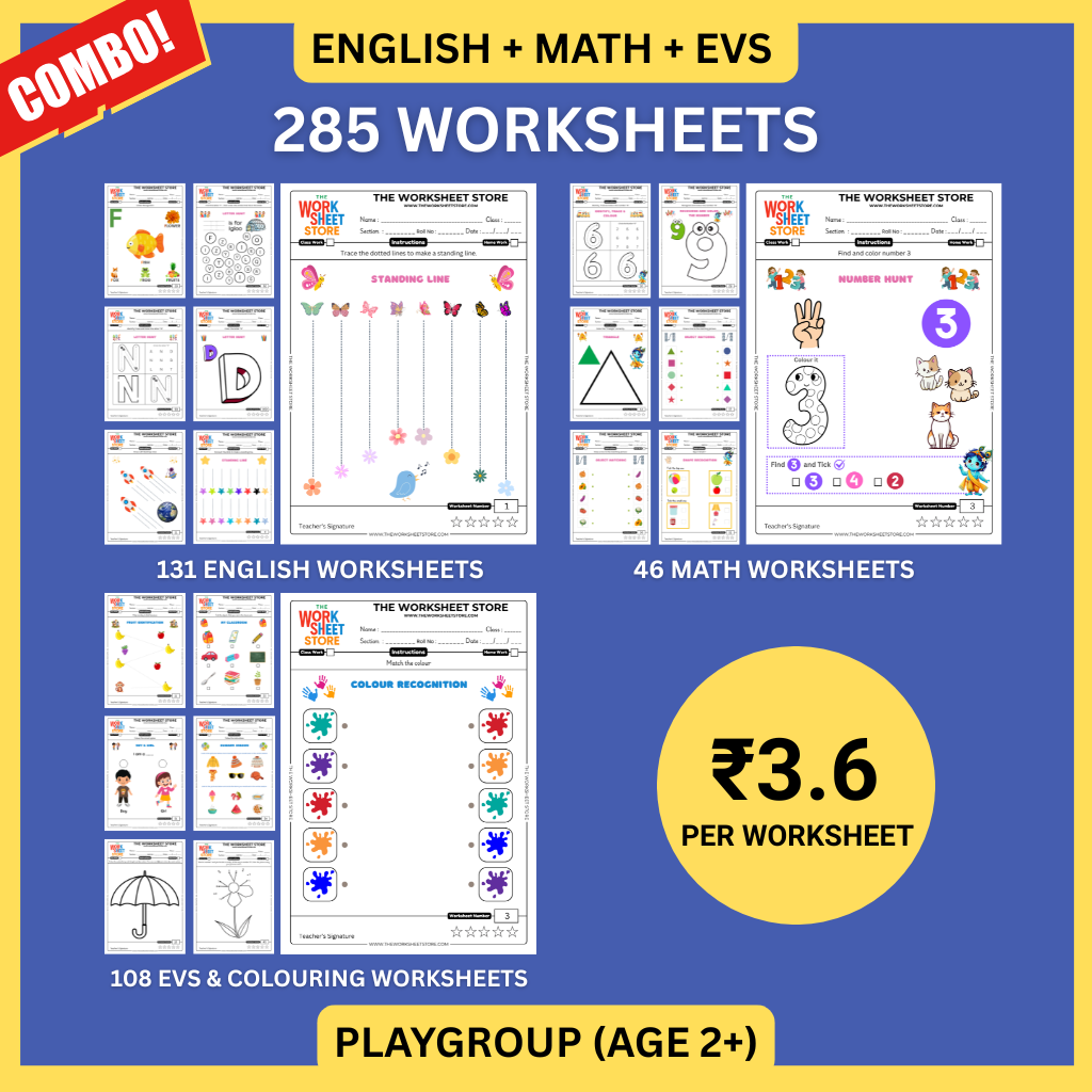 All Subjects Worksheets Pack for Playgroup (Math, English, EVS & Colouring) (Age 2+) | 285 Pages