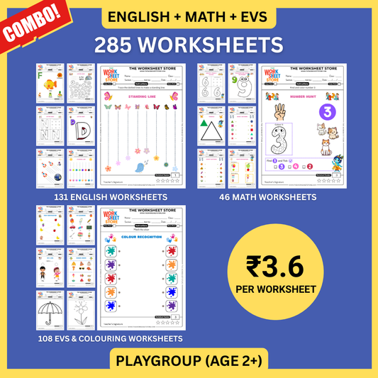 All Subjects Worksheets Pack for Playgroup (Math, English, EVS & Colouring) (Age 2+) | 285 Pages