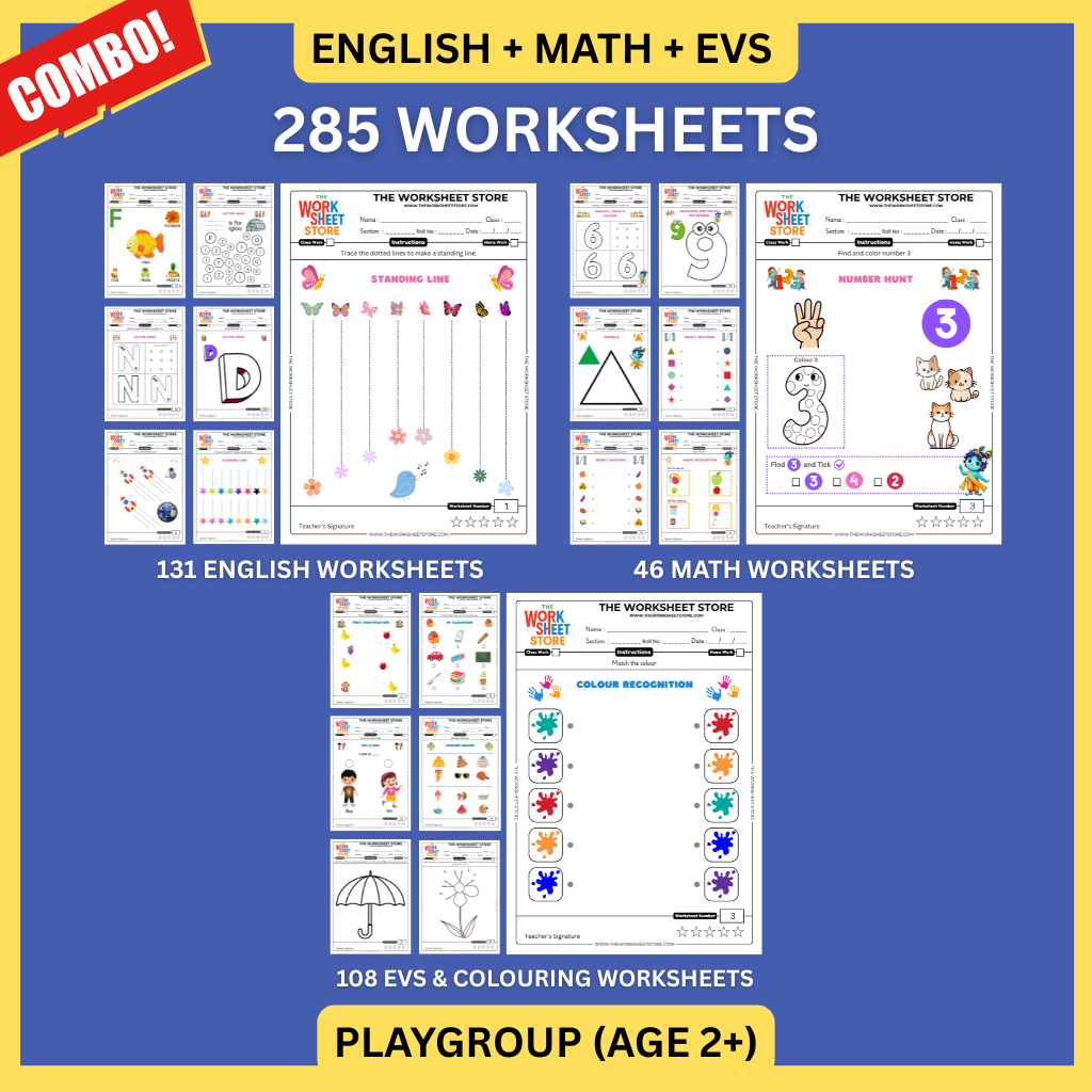 All Subjects Worksheets Pack for Playgroup (Math, English, EVS & Colouring) (Age 2+) | 285 Pages
