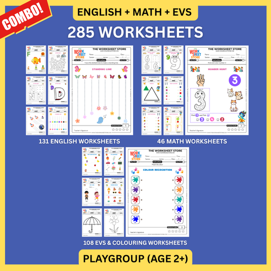 All Subjects Worksheets Pack for Playgroup (Math, English, EVS & Colouring) (Age 2+) | 285 Pages
