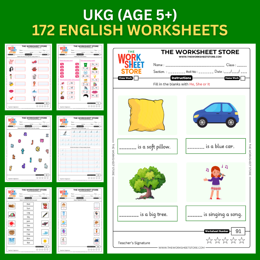 English Worksheets for UKG (Age 5+) | 172 Pages – The Worksheet Store