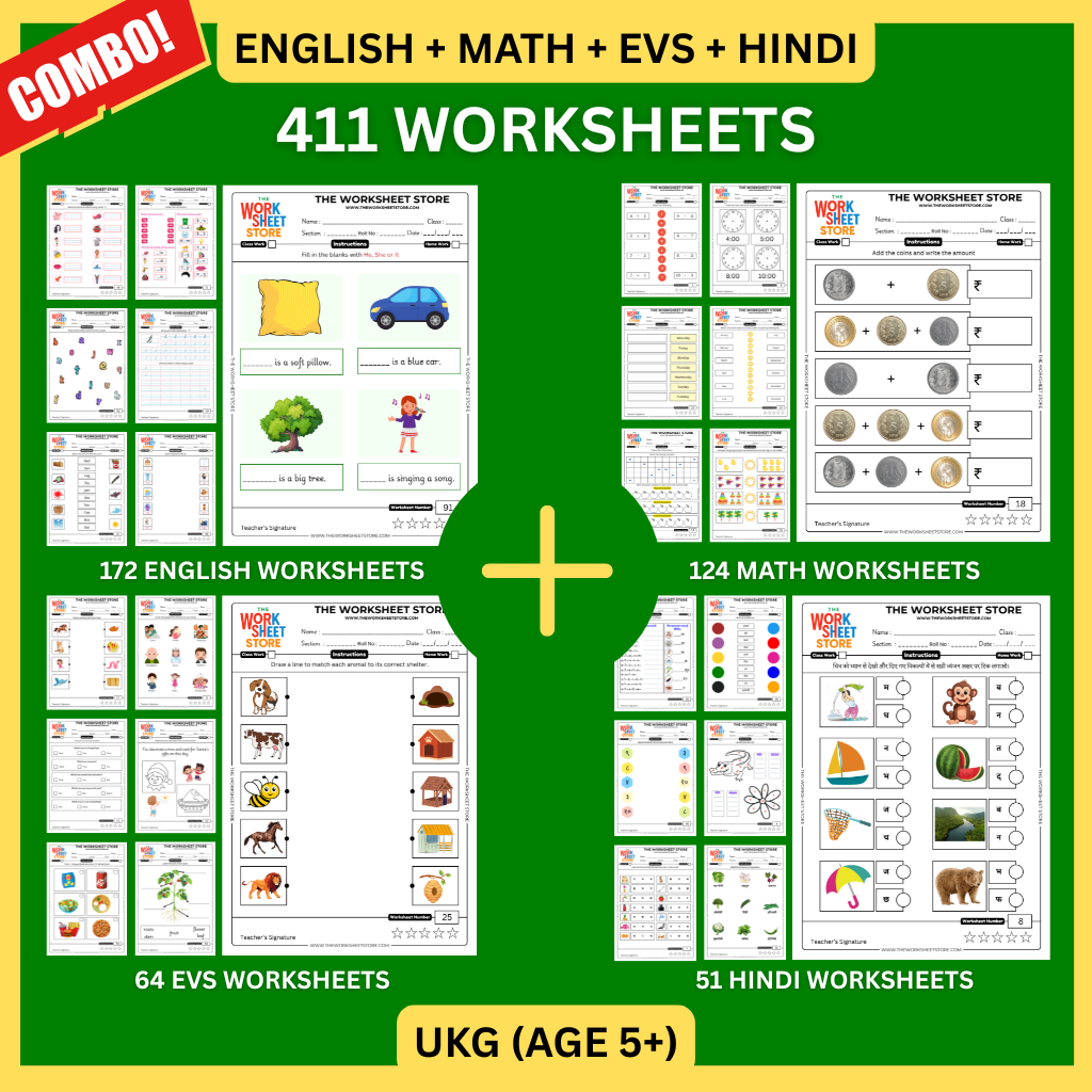 All Subjects Worksheets Pack for UKG (Math, English, EVS & Hindi) (Age 5+) | 411 Pages