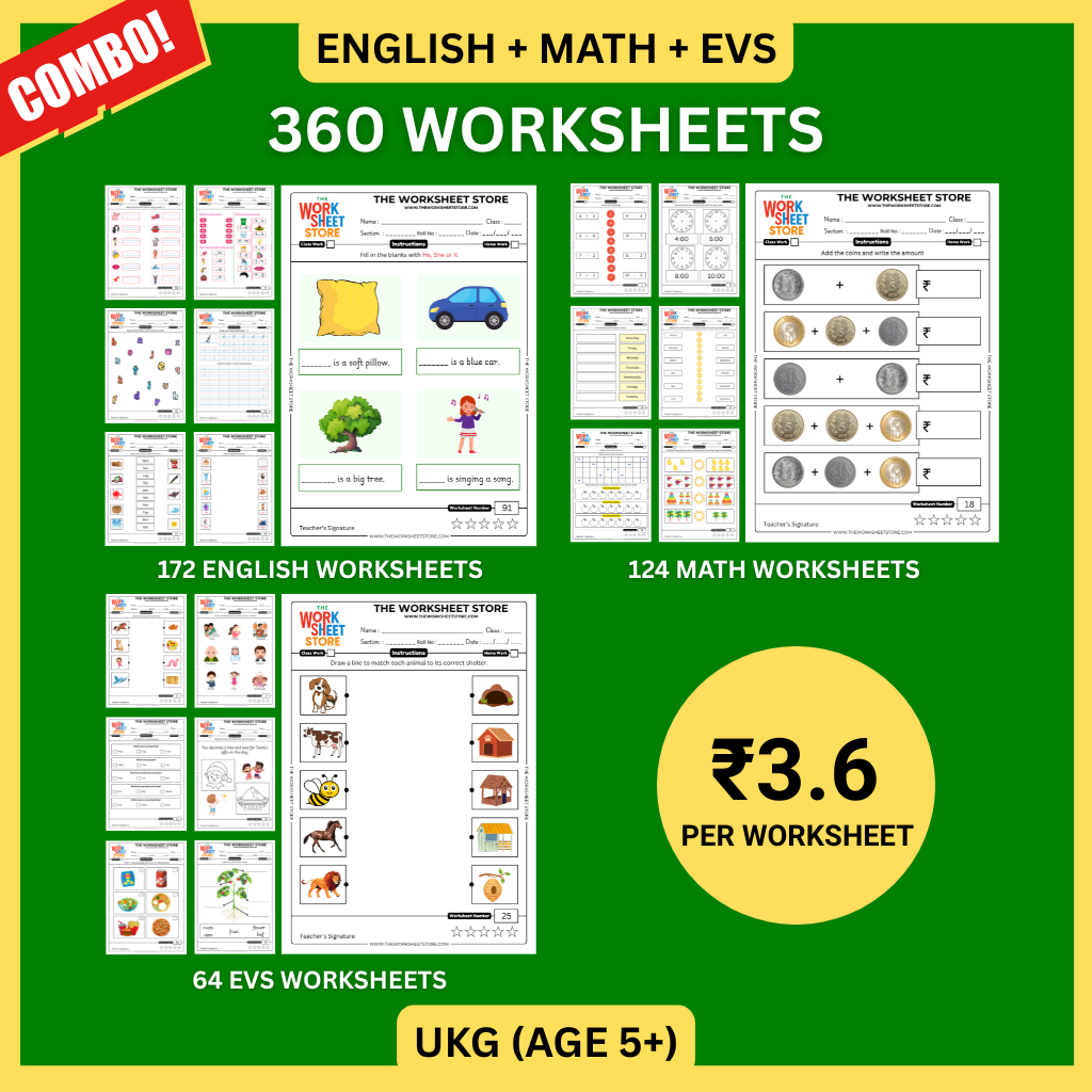 Math, English & EVS Worksheets Set for UKG (Age 5+) | 360 Pages