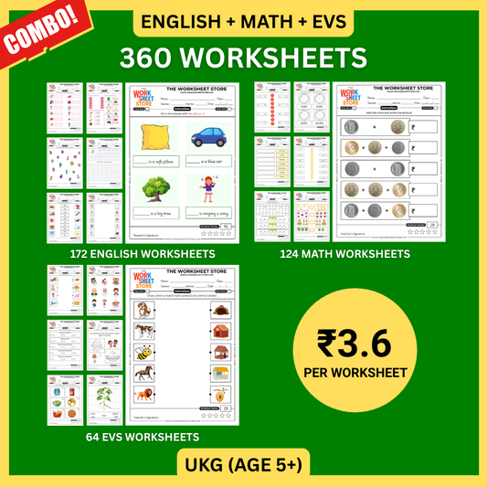 Math, English & EVS Worksheets Set for UKG (Age 5+) | 360 Pages