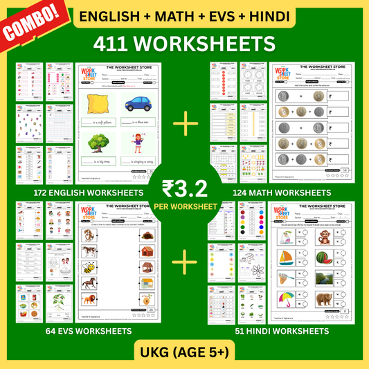 All Subjects Worksheets Pack for UKG (Math, English, EVS & Hindi) (Age 5+) | 411 Pages