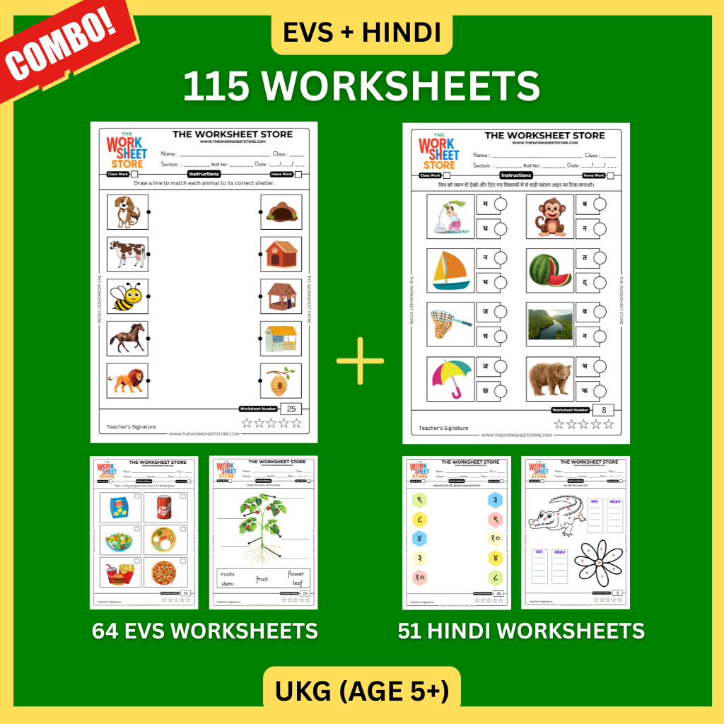 EVS & Hindi Worksheets Set for UKG (Age 5+) | 115 Pages