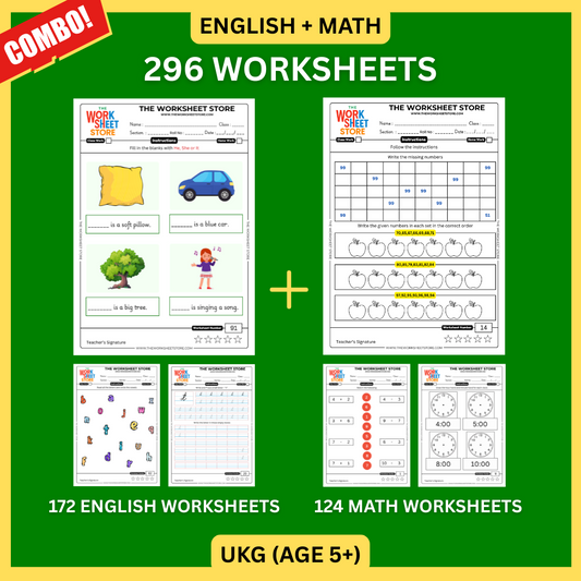 Math & English Worksheets Set for UKG (Age 5+) | 296 Pages