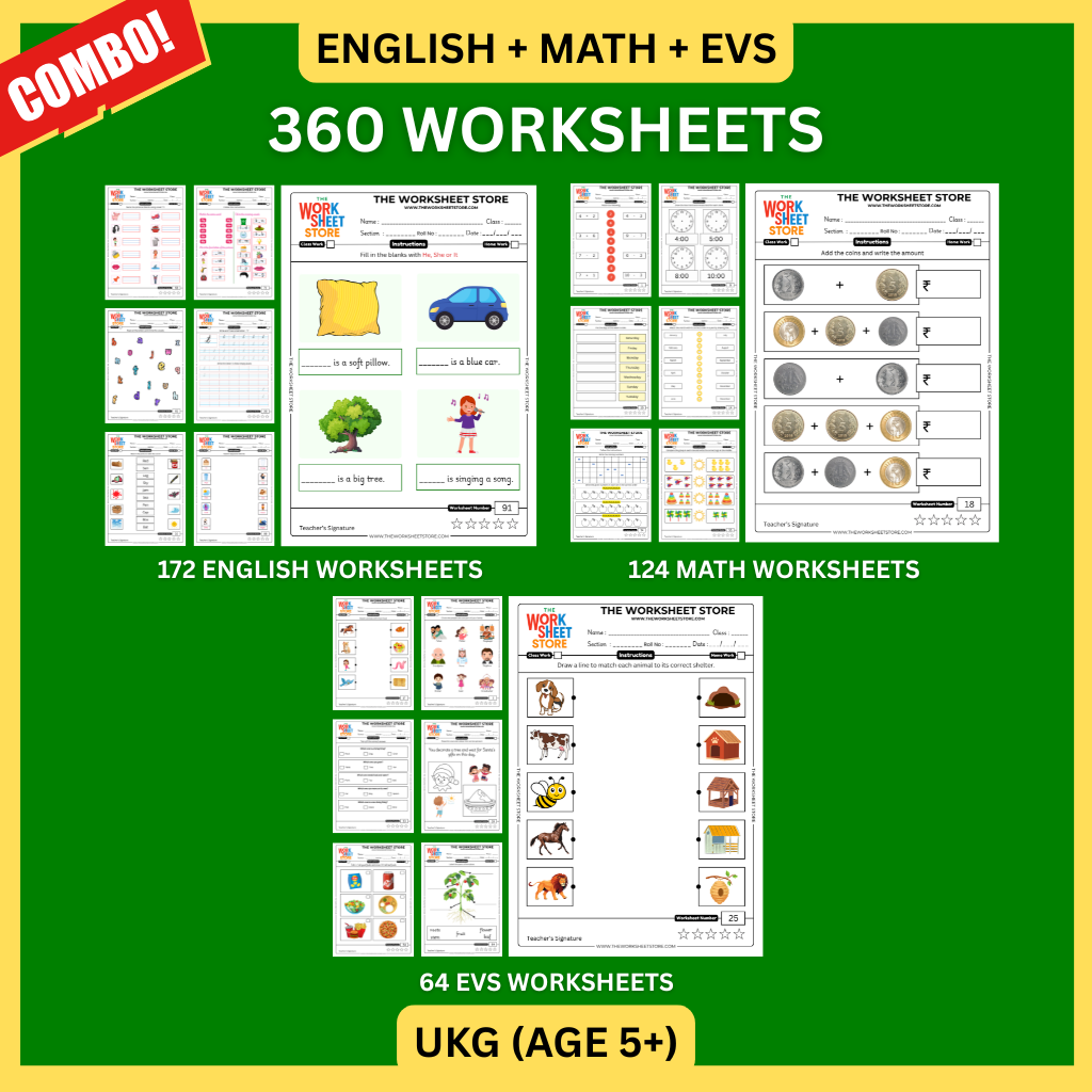 Math, English & EVS Worksheets Set for UKG (Age 5+) | 360 Pages