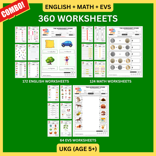 Math, English & EVS Worksheets Set for UKG (Age 5+) | 360 Pages